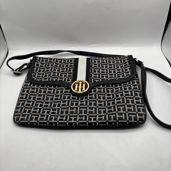 TOMMY HILFIGER MONOGRAM CROSSBODY MESSENGER BAG PURSE Black/White Gold Hardware - Picture 1 of 4